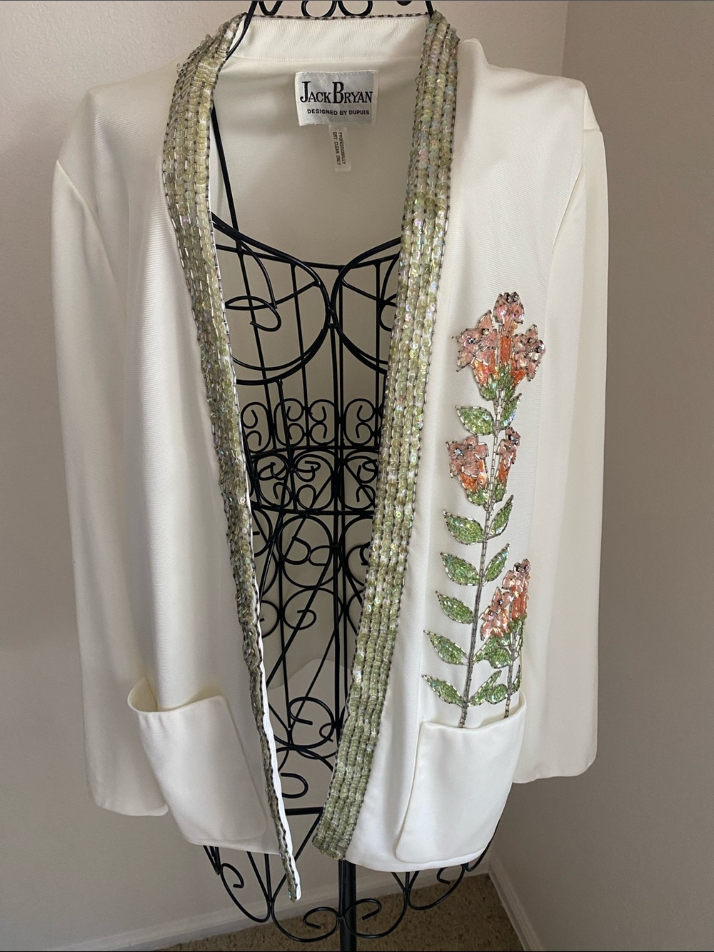 Vintage 1970 White Sequin-Trim Floral Embellished Jacket